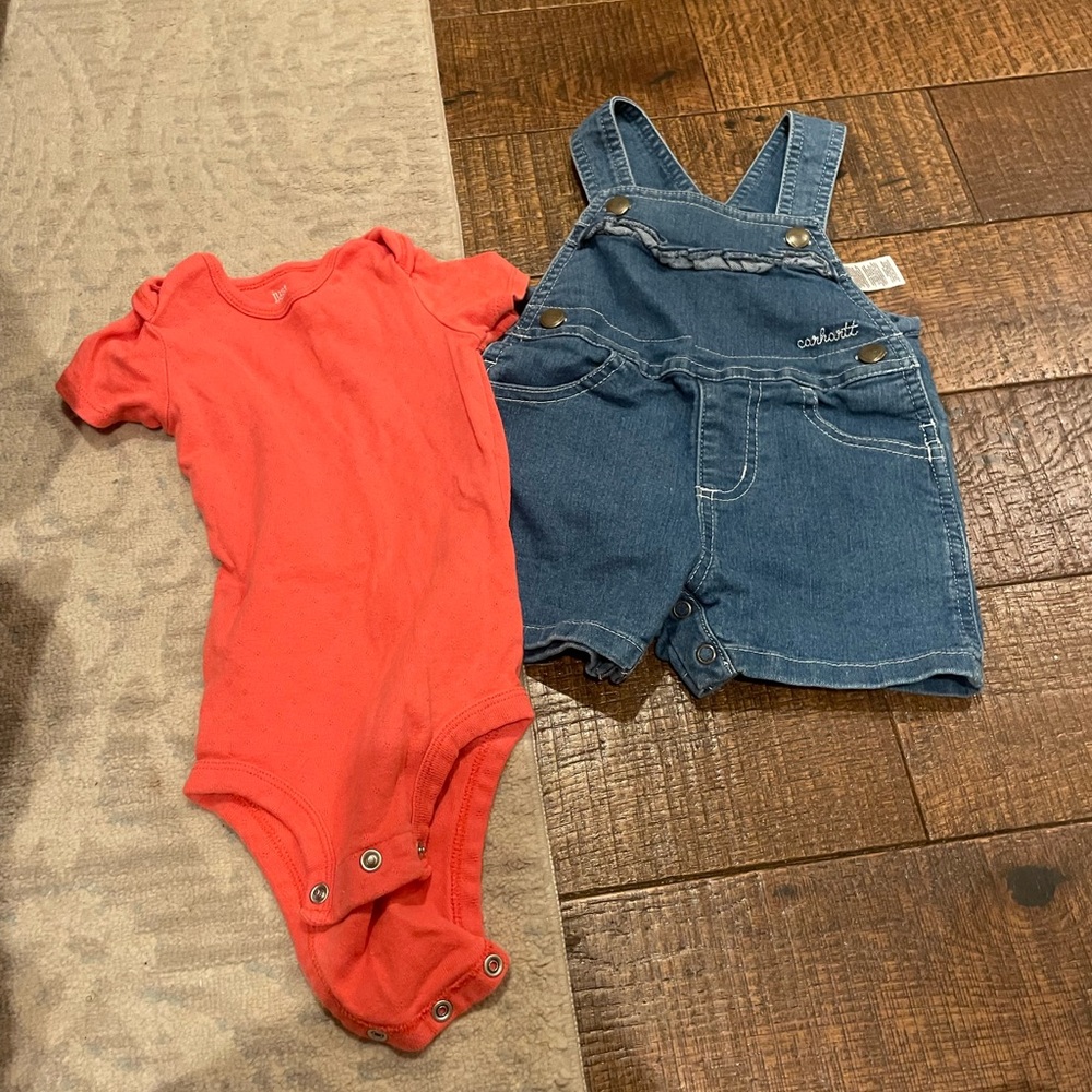 Carters Coral Onesie and Carhartt Denim Overalls 12months